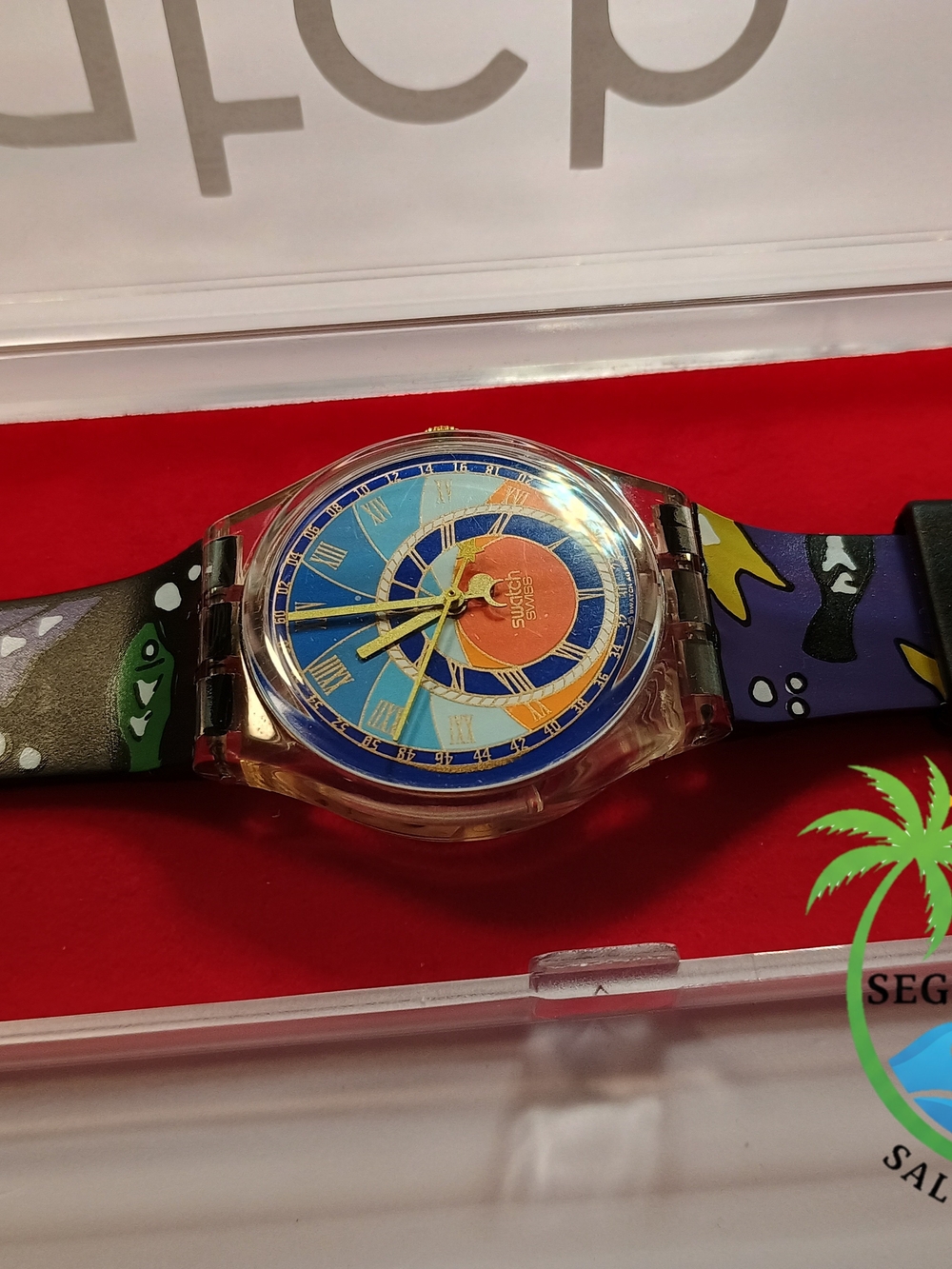 Swatch Blue and Orange Dial Clear Case Watch